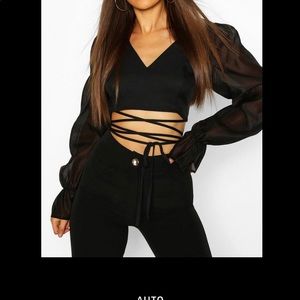 ORGANZA BALLOON SLEEVE TIE UP WAIST TOP